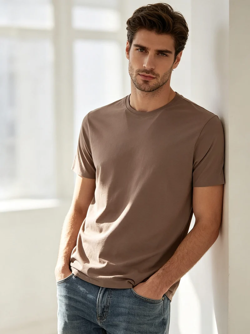 T-shirt girocollo da uomo in tessuto tecnico traspirante - marrone
