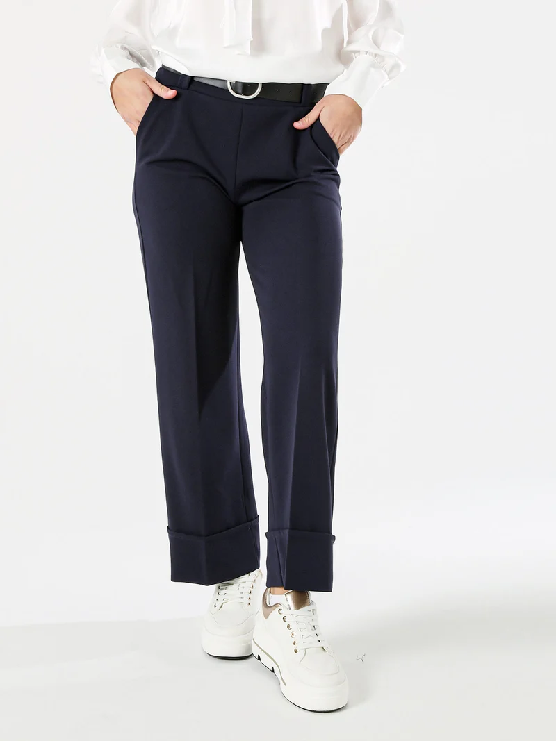 Pantaloni donna a gamba larga con cintura - blu scuro