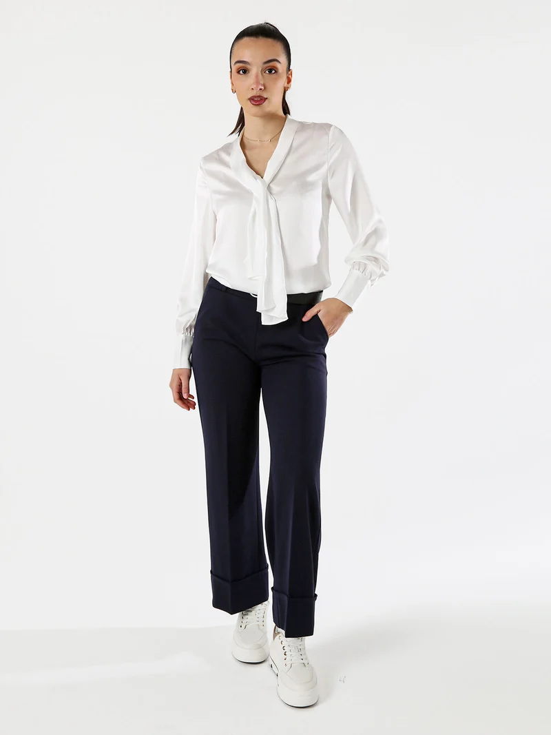Pantaloni donna a gamba larga con cintura - blu scuro