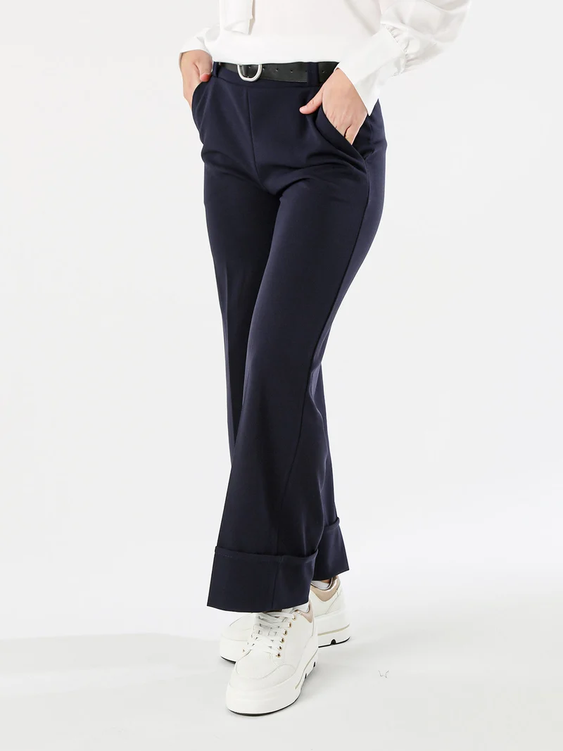 Pantaloni donna a gamba larga con cintura - blu scuro