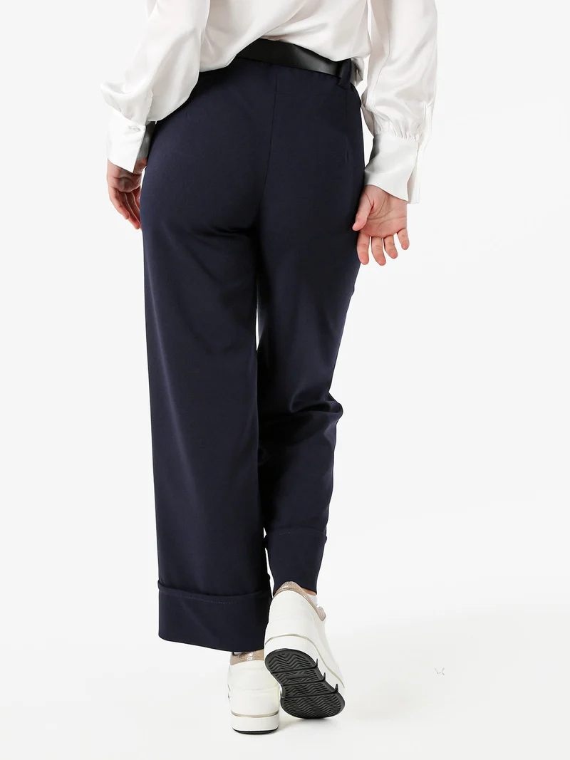 Pantaloni donna a gamba larga con cintura - blu scuro