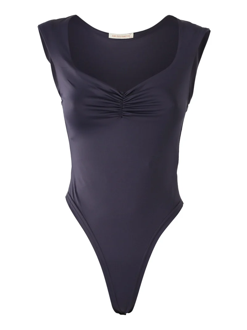 Top body donna smanicato con scollo V arricciato - piombo