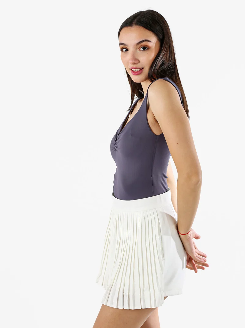 Top body donna smanicato con scollo V arricciato - piombo
