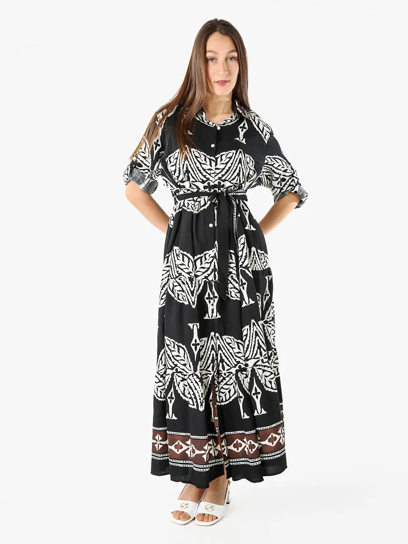 Abito lungo da donna a camicia con stampe - nero