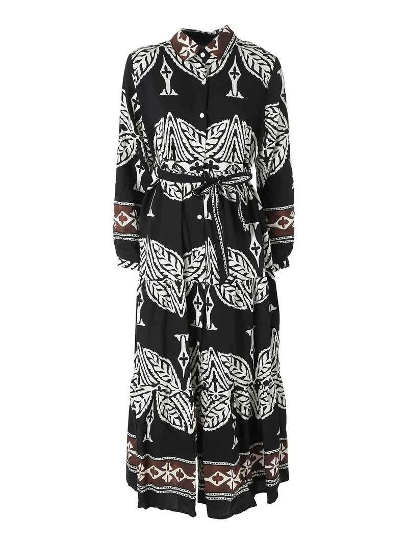 Abito lungo da donna a camicia con stampe - nero