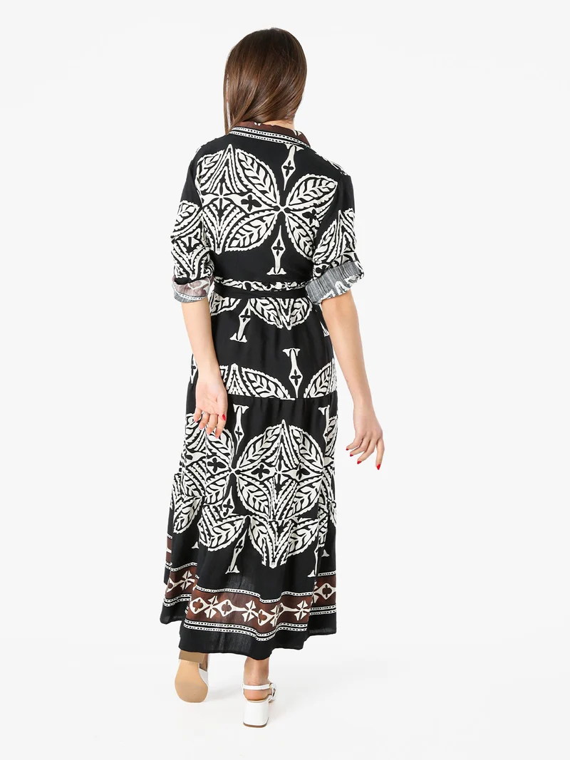 Abito lungo da donna a camicia con stampe - nero
