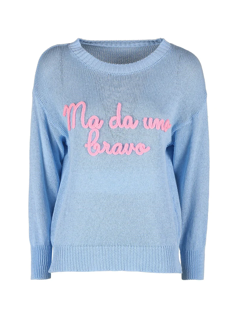 Pullover donna in maglia traforata con ricamo - azzurro