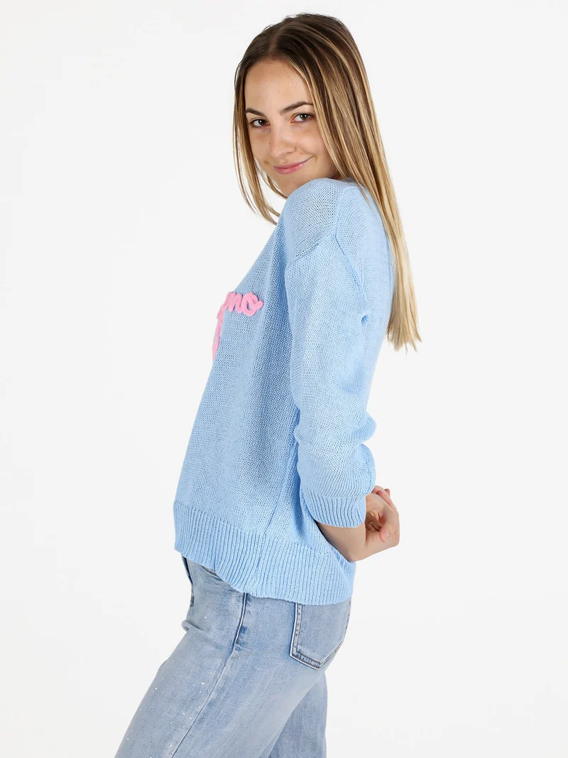 Pullover donna in maglia traforata con ricamo - azzurro