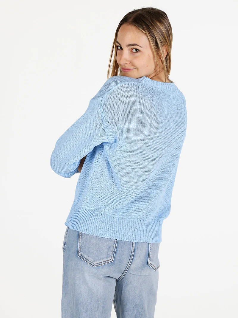 Pullover donna in maglia traforata con ricamo - azzurro