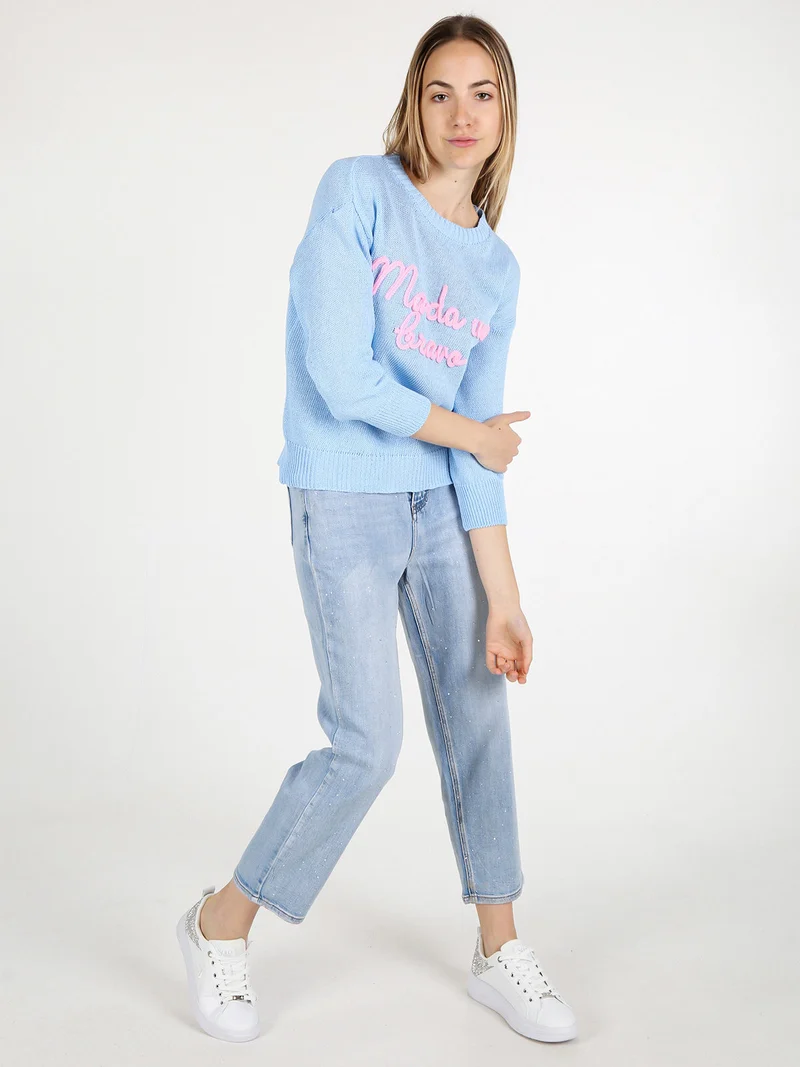 Pullover donna in maglia traforata con ricamo - azzurro