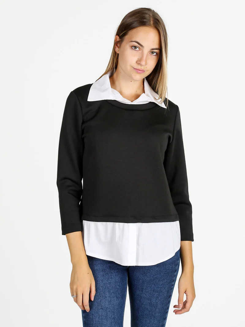 Felpa donna girocollo con dettagli a camicia - nero