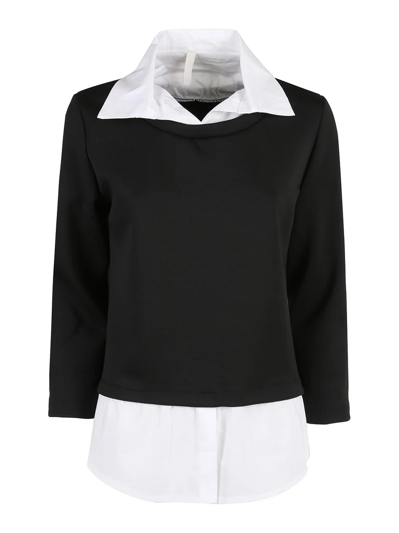 Felpa donna girocollo con dettagli a camicia - nero