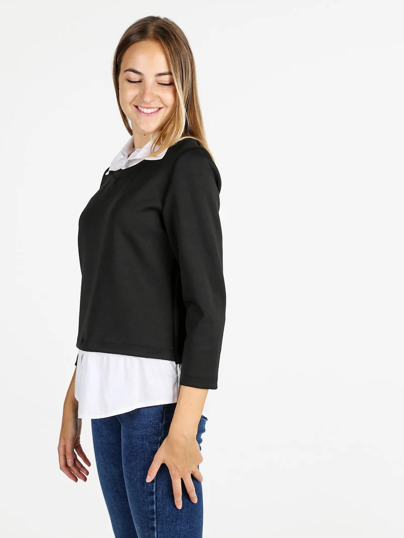 Felpa donna girocollo con dettagli a camicia - nero