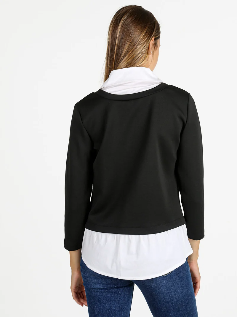 Felpa donna girocollo con dettagli a camicia - nero