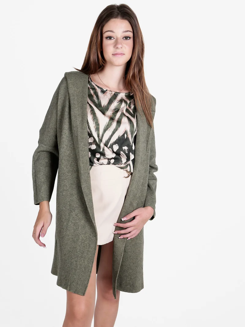 Cardigan in maglia da donna con cappuccio - verde scuro