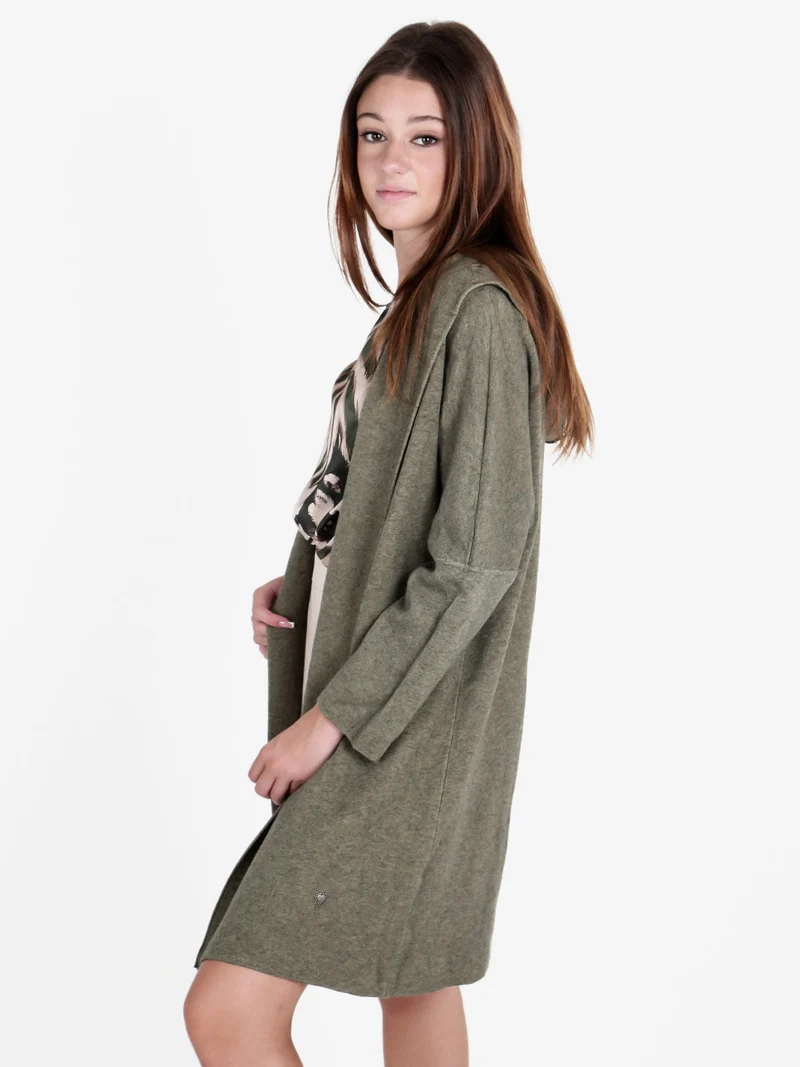 Cardigan in maglia da donna con cappuccio - verde scuro