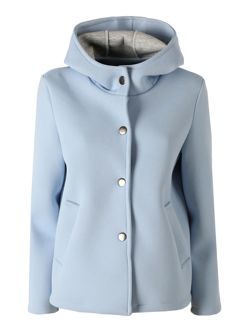 Giacca da donna in panno con bottoni e cappuccio - azzurro