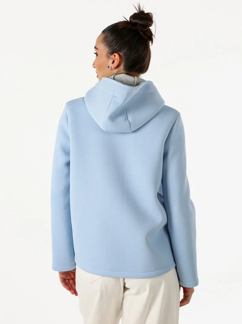 Giacca da donna in panno con bottoni e cappuccio - azzurro