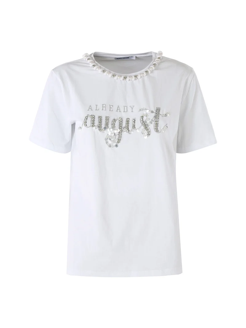 T-shirt donna in cotone con perle e strass - bianco