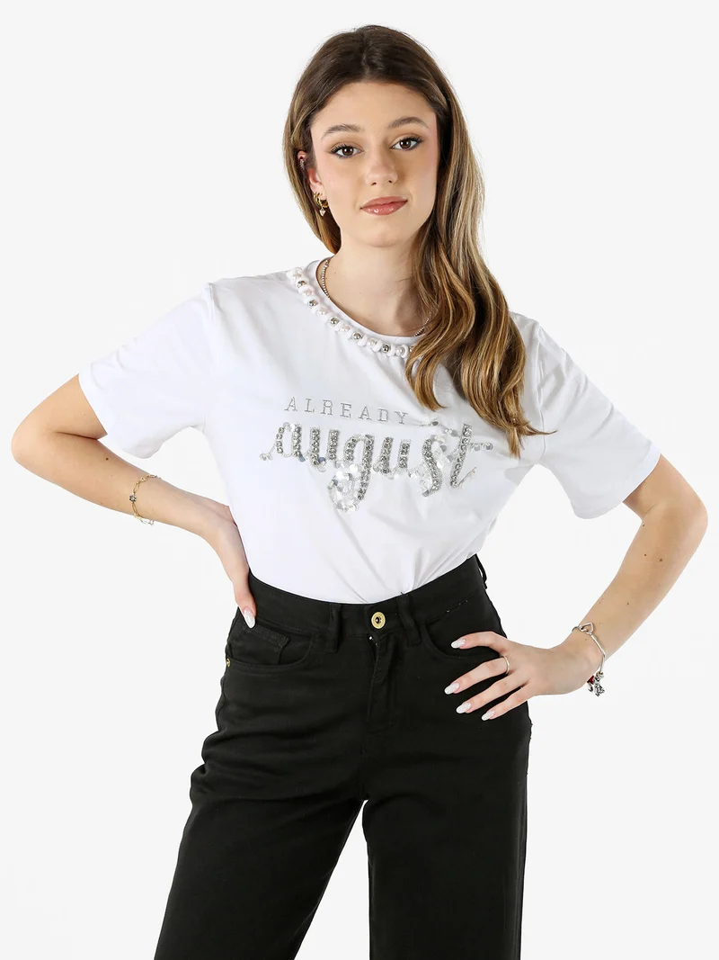 T-shirt donna in cotone con perle e strass - bianco