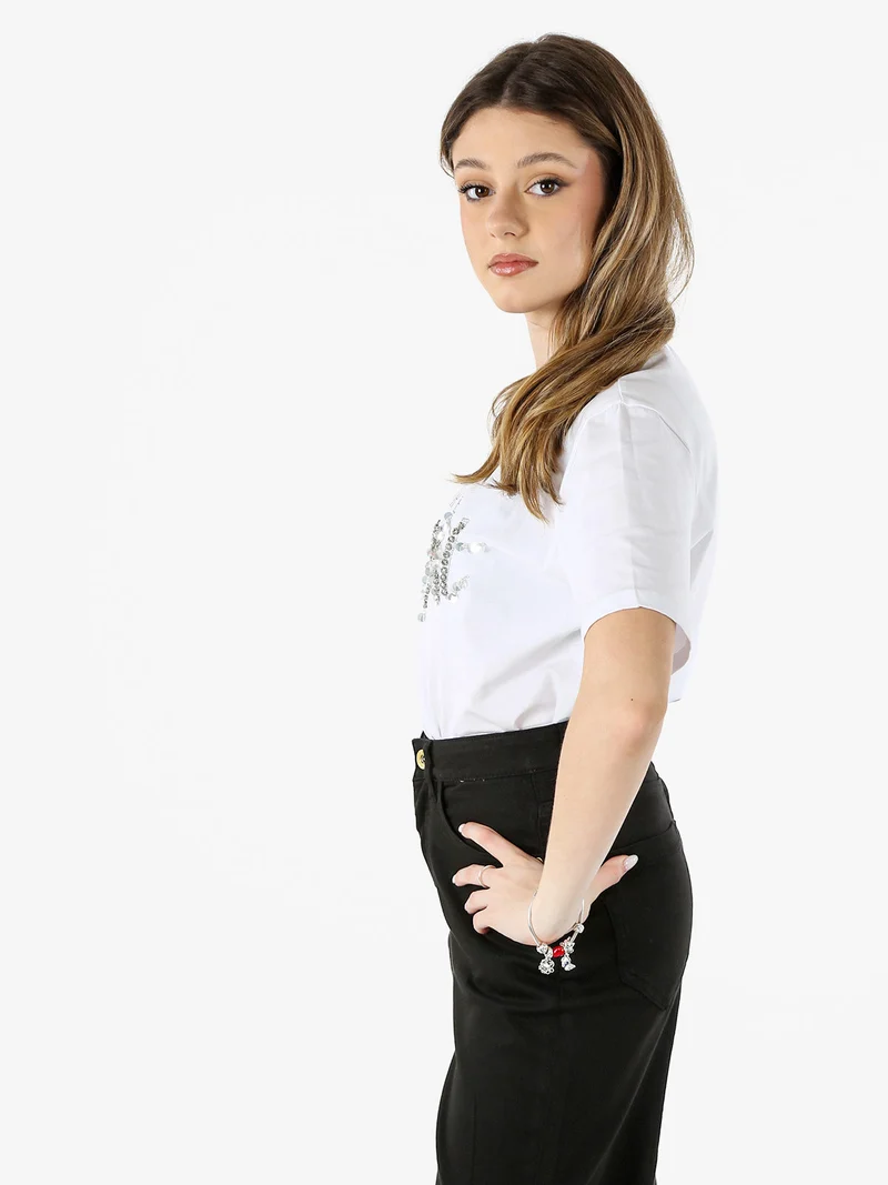 T-shirt donna in cotone con perle e strass - bianco