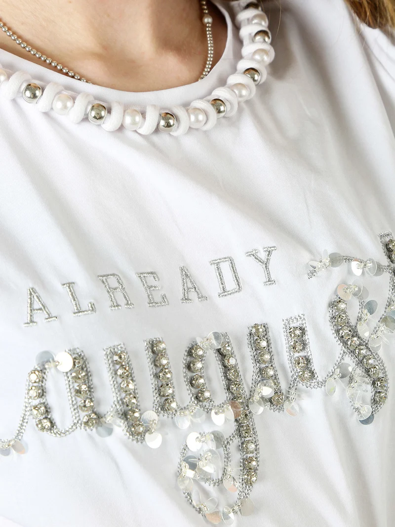 T-shirt donna in cotone con perle e strass - bianco