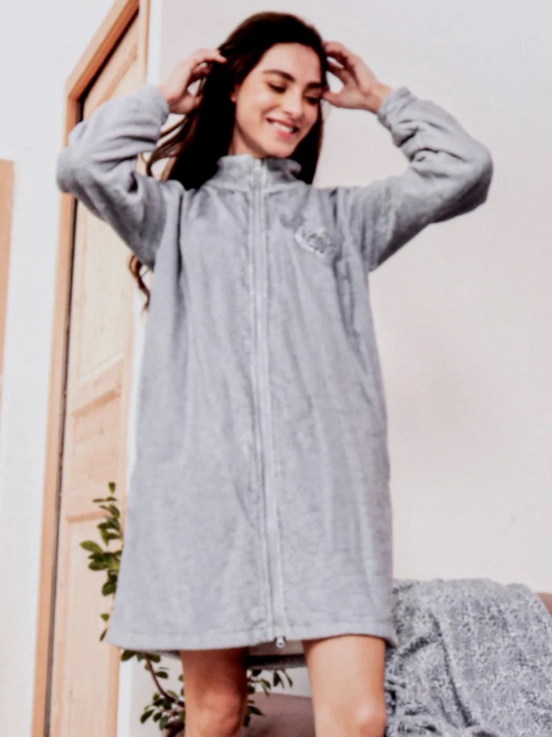 Vestaglia donna in pile con cerniera - grigio chiaro