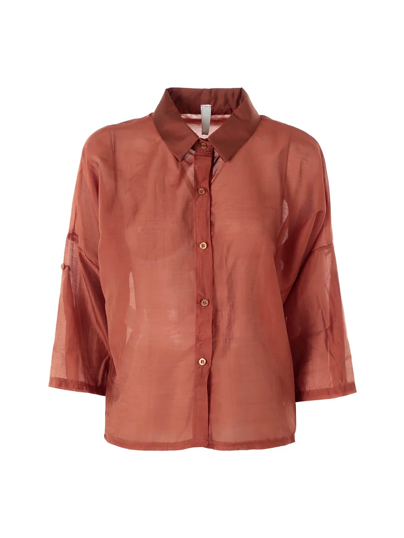 Camicia donna oversize annodata sul fondo a maniche corte - cuoio