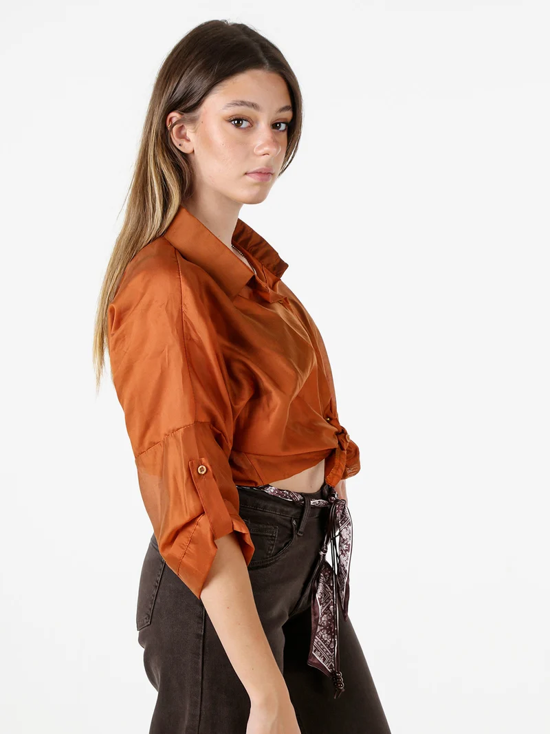 Camicia donna oversize annodata sul fondo a maniche corte - cuoio