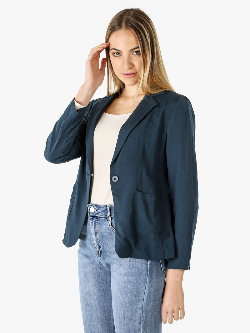 Blazer donna in misto lino con bottone - blu scuro