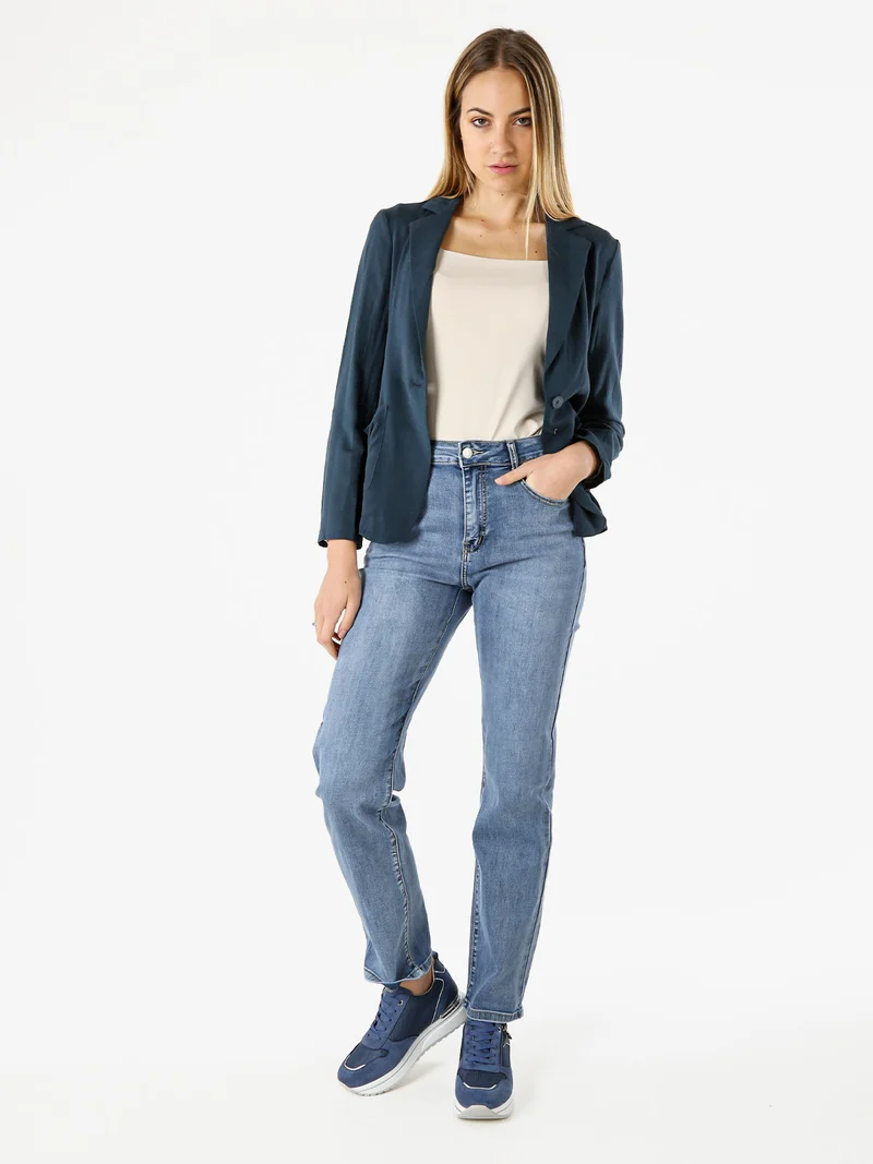 Blazer donna in misto lino con bottone - blu scuro
