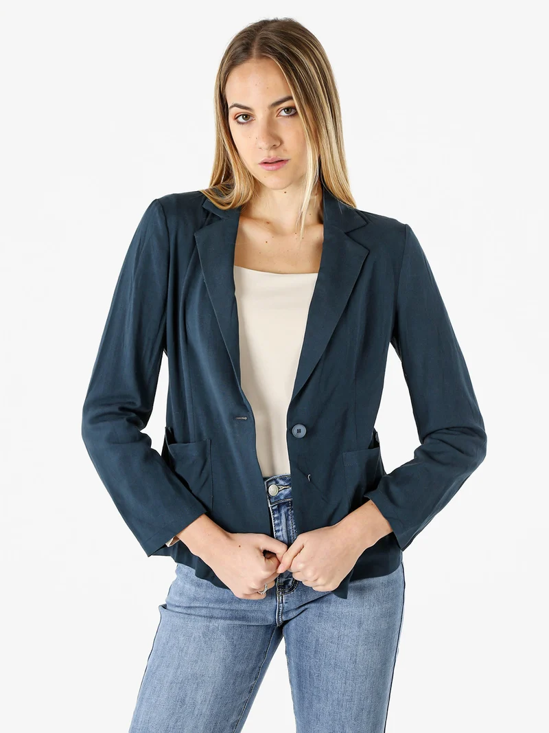 Blazer donna in misto lino con bottone - blu scuro