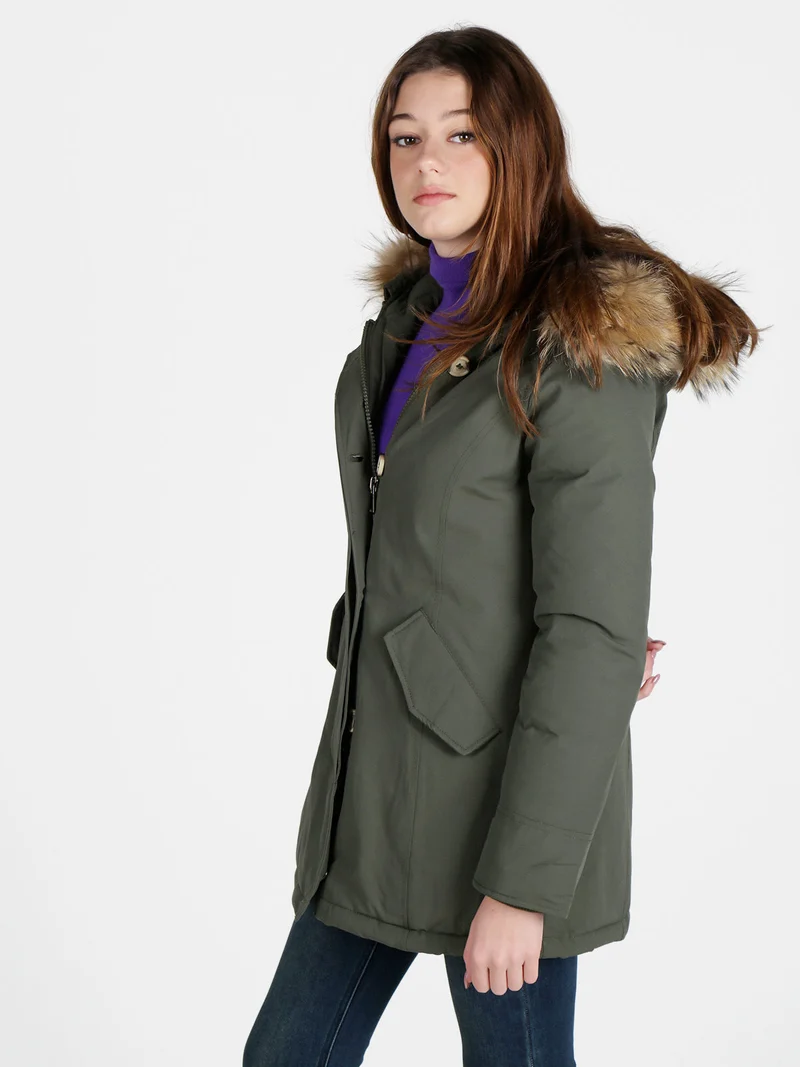 Giubbotto donna con cappuccio peloso - militare