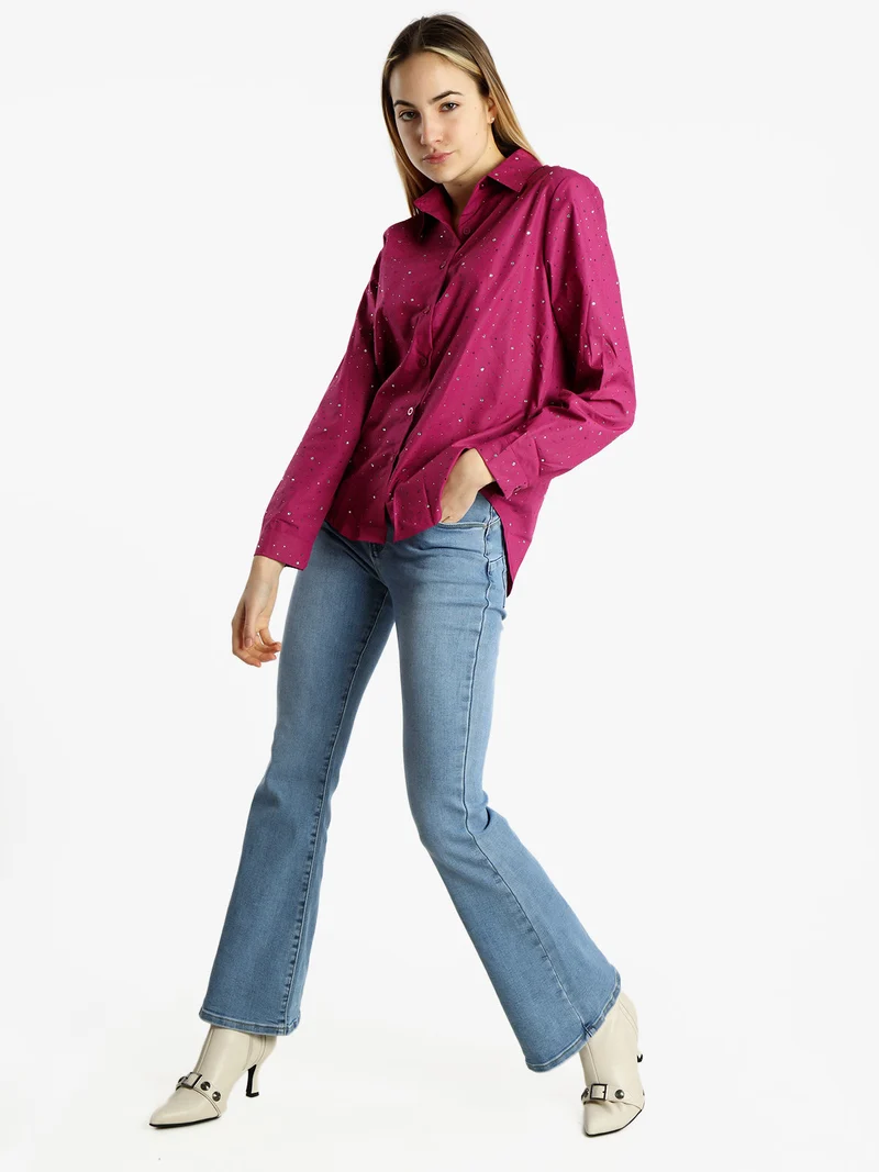 Camicia donna a maniche lunghe con strass colorati - porpora