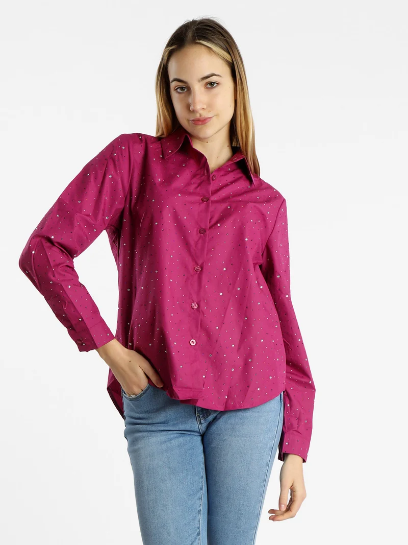 Camicia donna a maniche lunghe con strass colorati - porpora