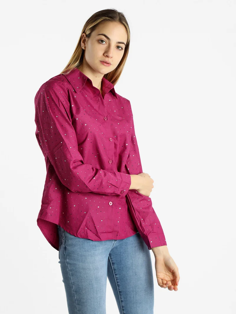 Camicia donna a maniche lunghe con strass colorati - porpora