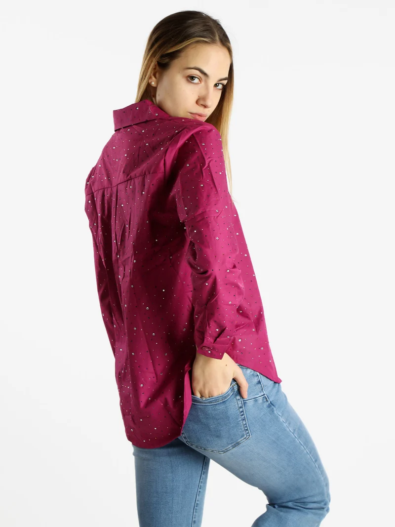 Camicia donna a maniche lunghe con strass colorati - porpora