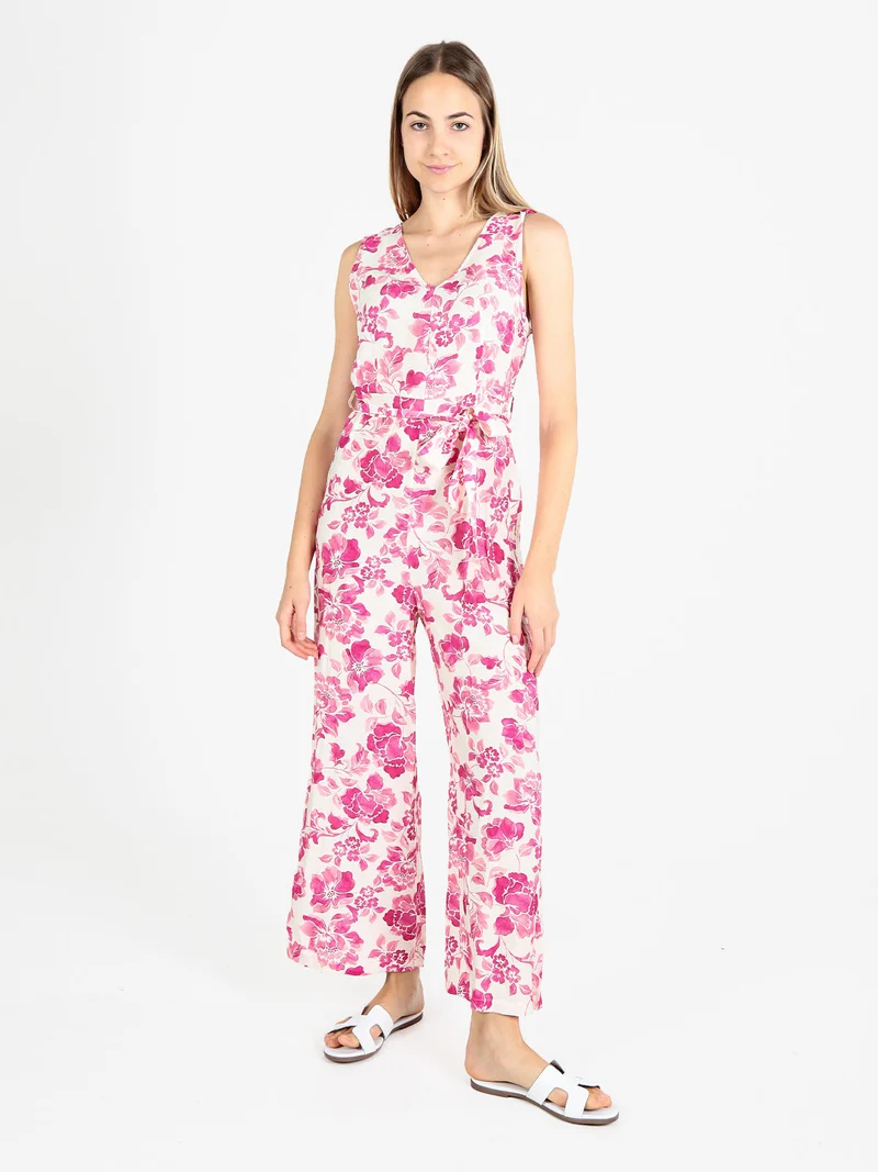 Tuta lunga jumpsuite donna senza maniche con stampa floreale - fucsia