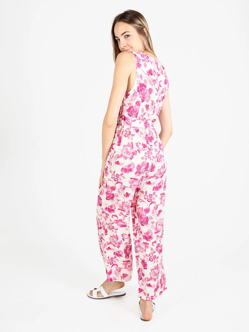 Tuta lunga jumpsuite donna senza maniche con stampa floreale - fucsia