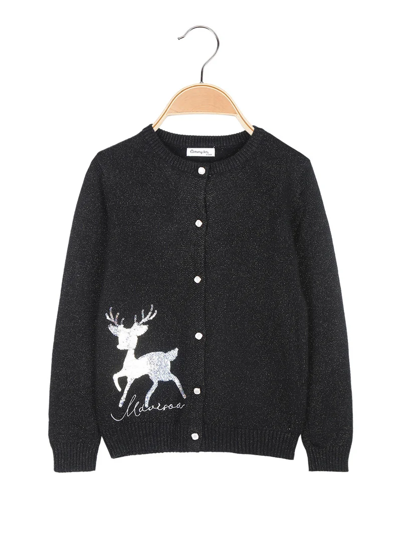 Cardigan da bambina in maglia lurex con bottoni di perle - nero