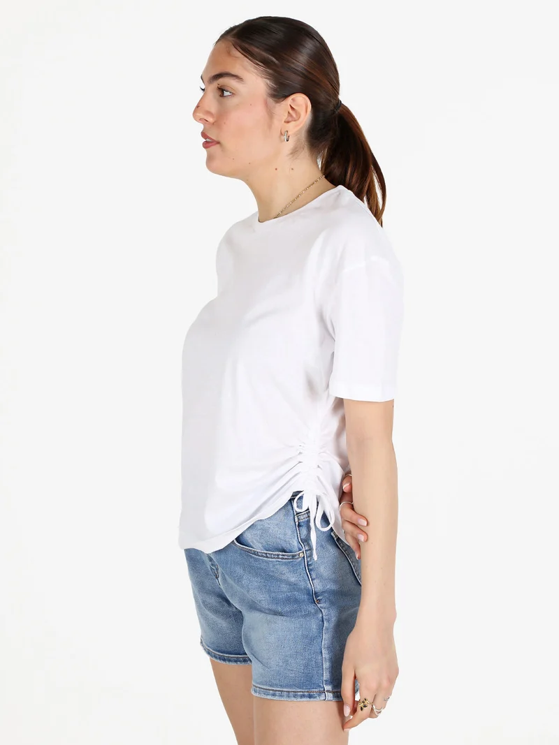 T-shirt donna in cotone con arricciatura laterale - bianco
