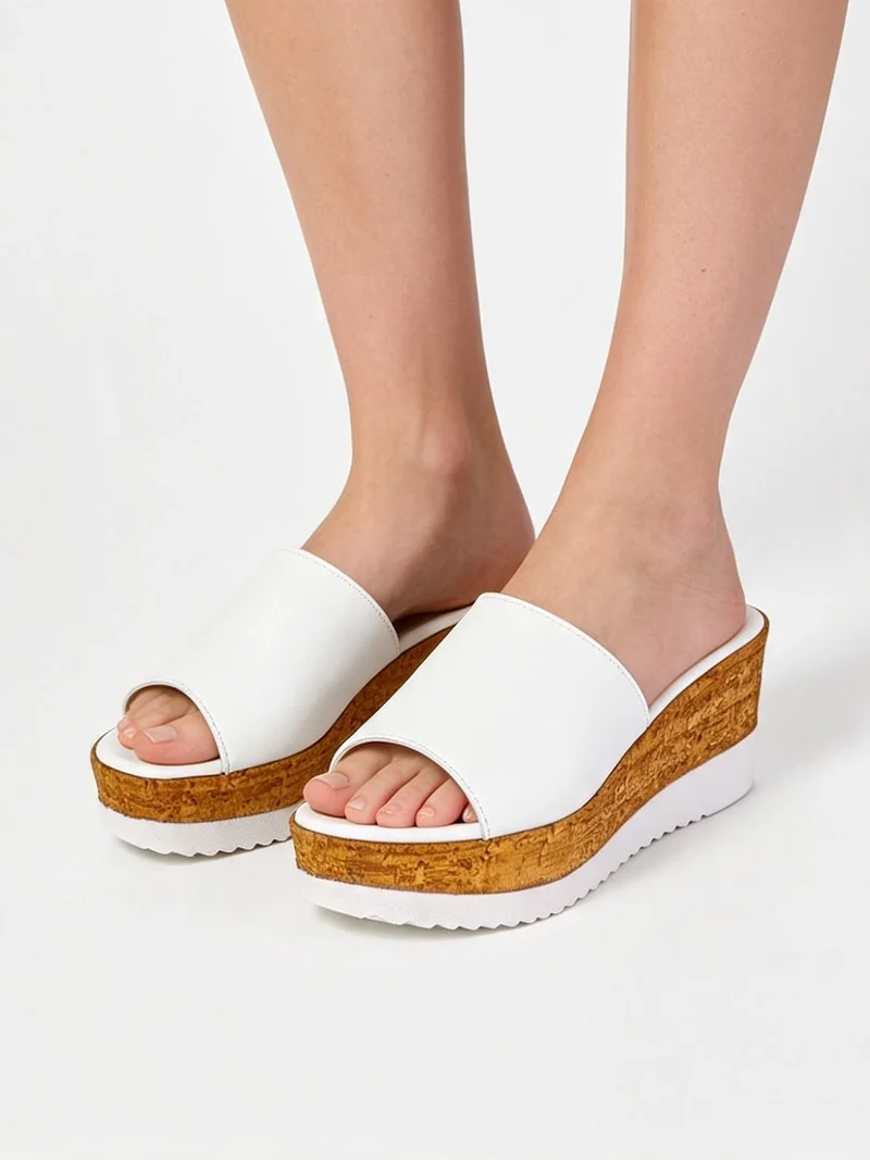 Ciabatte donna in pelle con zeppa e plateau - bianco