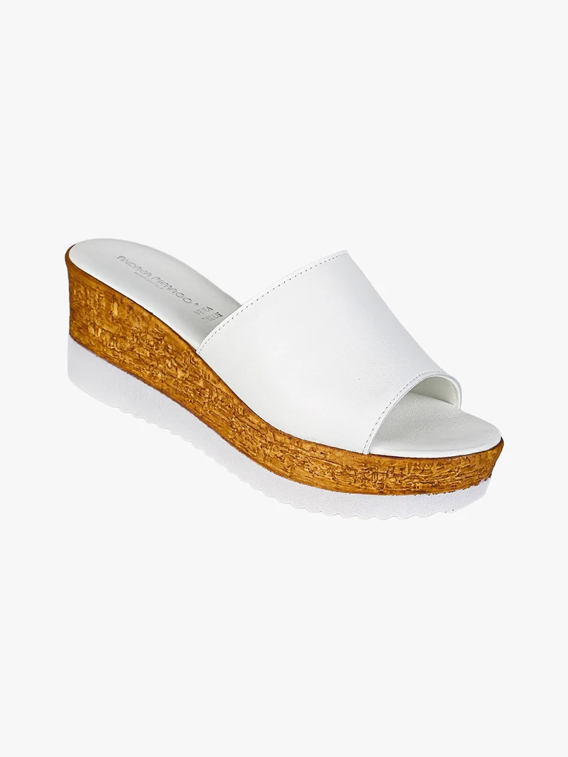 Ciabatte donna in pelle con zeppa e plateau - bianco