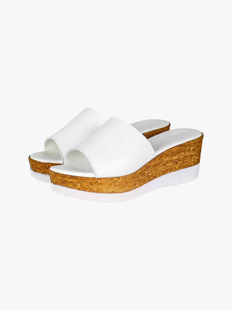 Ciabatte donna in pelle con zeppa e plateau - bianco