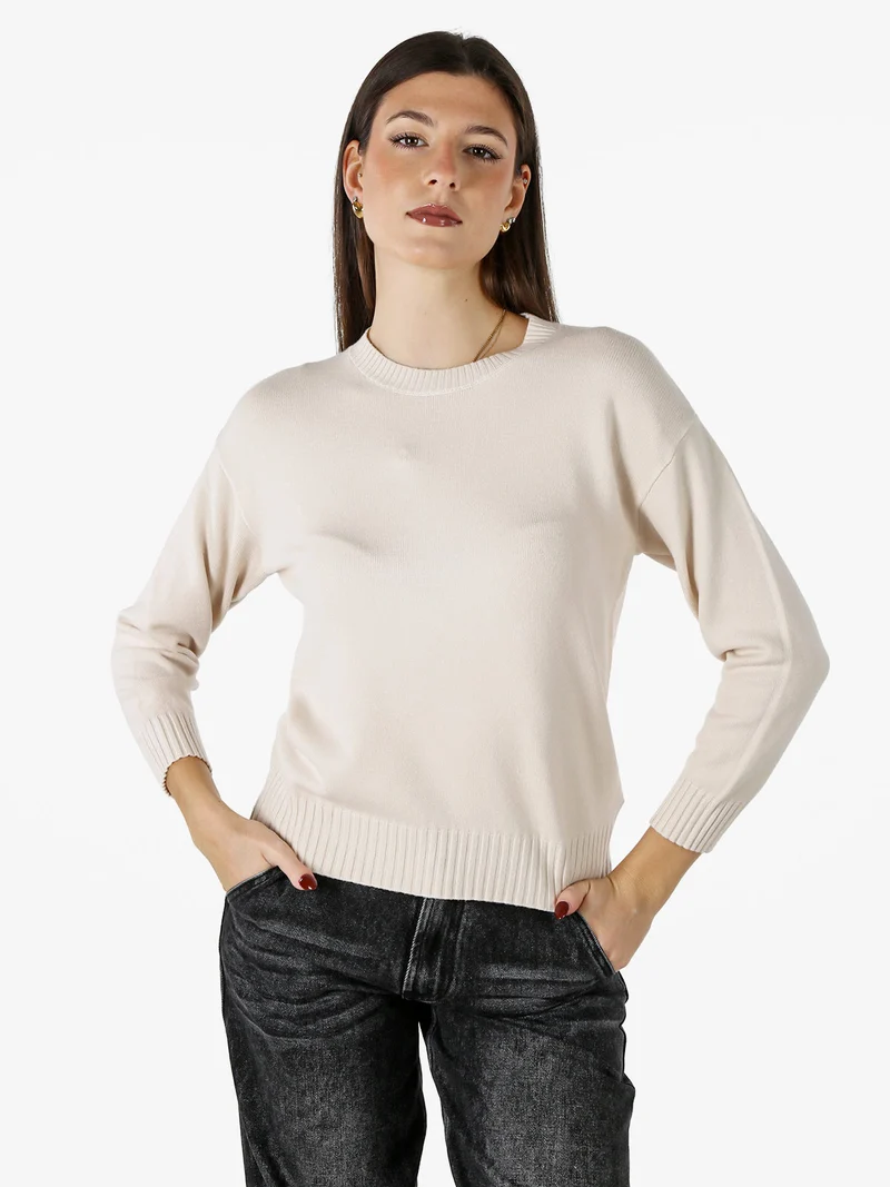 Pullover girocollo da donna in maglia tinta unita - naturale