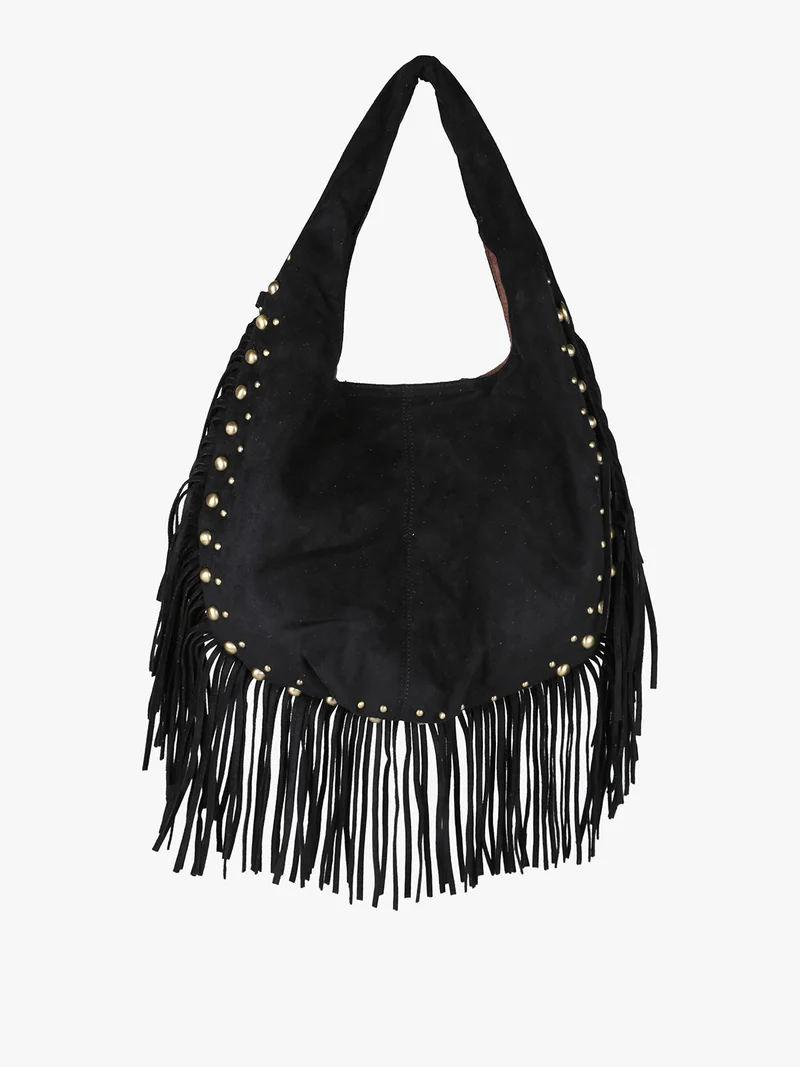 Borsa scamosciata da donna con nappine e borchie - nero