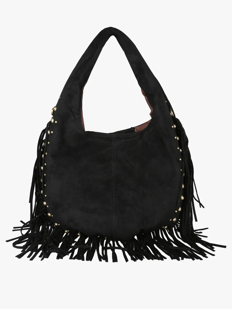 Borsa scamosciata da donna con nappine e borchie - nero