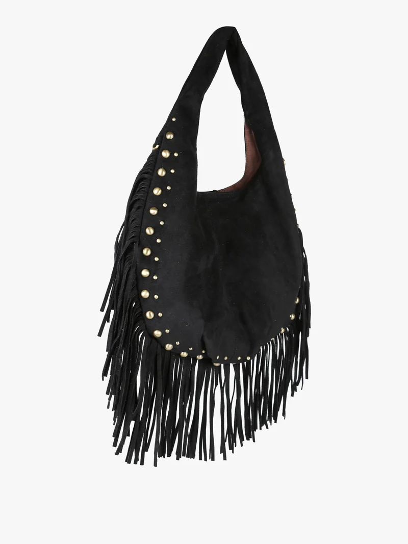Borsa scamosciata da donna con nappine e borchie - nero