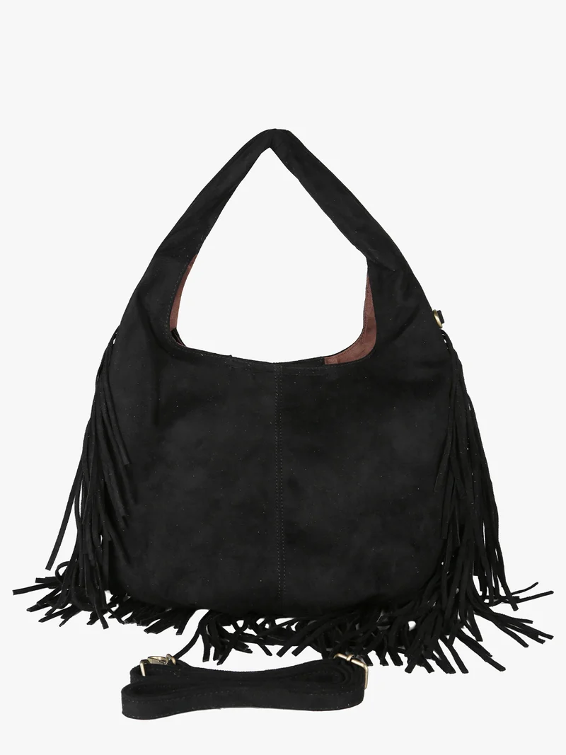Borsa scamosciata da donna con nappine e borchie - nero