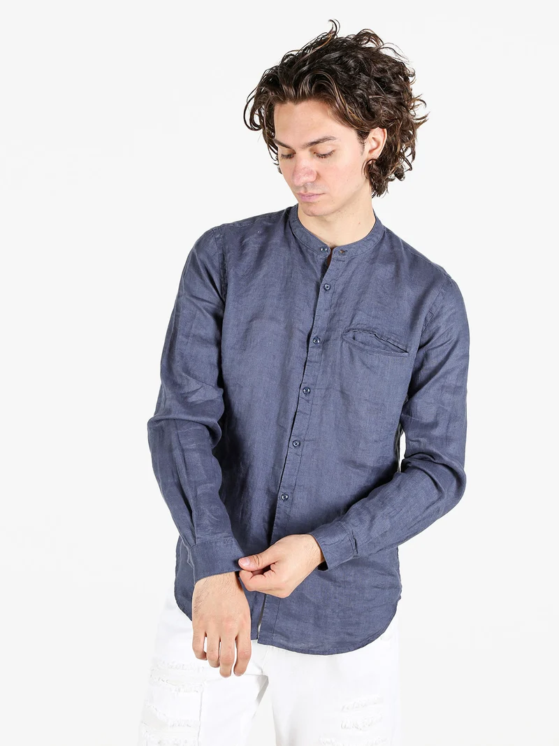 Camicia in lino da uomo alla coreana con maniche lunghe - blu scuro